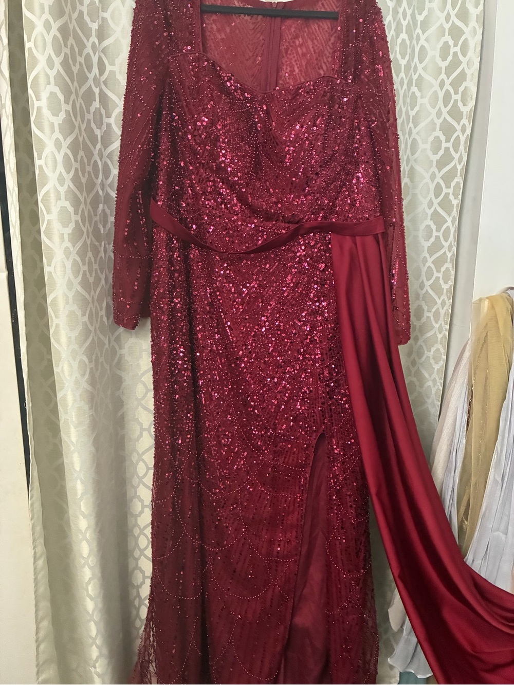 Red Sequin Evening Gown with Long Sleeves
